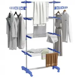 Homcom Tendedero Vertical Plegable De 4 Niveles Con 6 Ruedas Azul