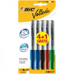 Bic Velleda 1741 Rotulador para Pizarra Blanca de Punta Redonda 4 Colores +1