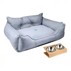 Cama Para Mascota 75x60x25cm Gris + Comedero Doble De Acero En Bambú