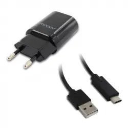 Mooov Cargador de Red 2 puertos USB 2.4A Y Cable USB-C 1m Negro