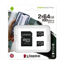 Kingston Canvas Select Plus MicroSDXC 64GB UHS-I U1 V10 Clase 10 Pack 2 Unidades + Adaptador SD