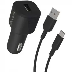 Muvit for change Pack Cargador Coche USB 12W + Cable Tipo C 3A 1.2m Negro