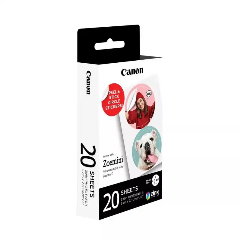 Canon ZP2030-2C-20 Papel Fotográfico Zink Pegatinas Circulares para Impresora Canon Zoemini Mini/S 20 Hojas