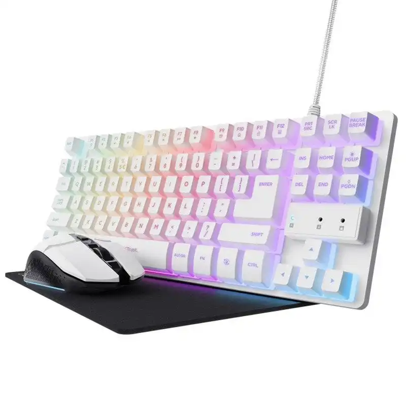 Trust GXT 794W Pack Gaming Teclado TKL RGB Blanco + Ratón Inalámbrico RGB Blanco + Alfombrilla Negra