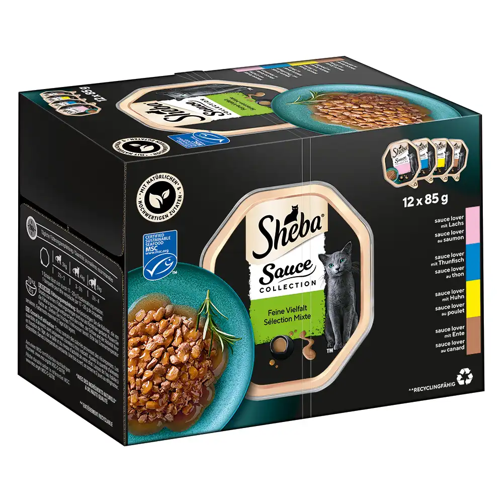 Sheba 12 x 85 g en tarrinas Multirreceta - Sauce Lover (salmón, atún, pollo, pato)