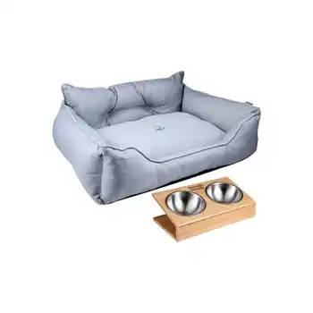 Cama Para Mascota 50x40x18cm Gris + Comedero Doble De Acero En Bambú