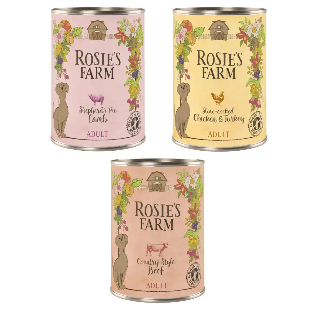 Rosie's Farm Adult 6 x 400 g - Pack mixto I: pollo y pavo, vacuno y cordero
