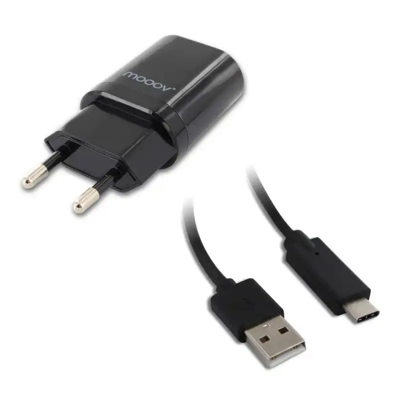Mooov Cargador de Red 2 puertos USB 2.4A Y Cable USB-C 1m Negro