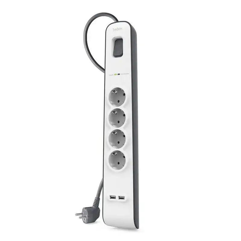 Belkin BSV401VF2M Regleta 4 Tomas + 2 USB con Protección Negro/Blanco