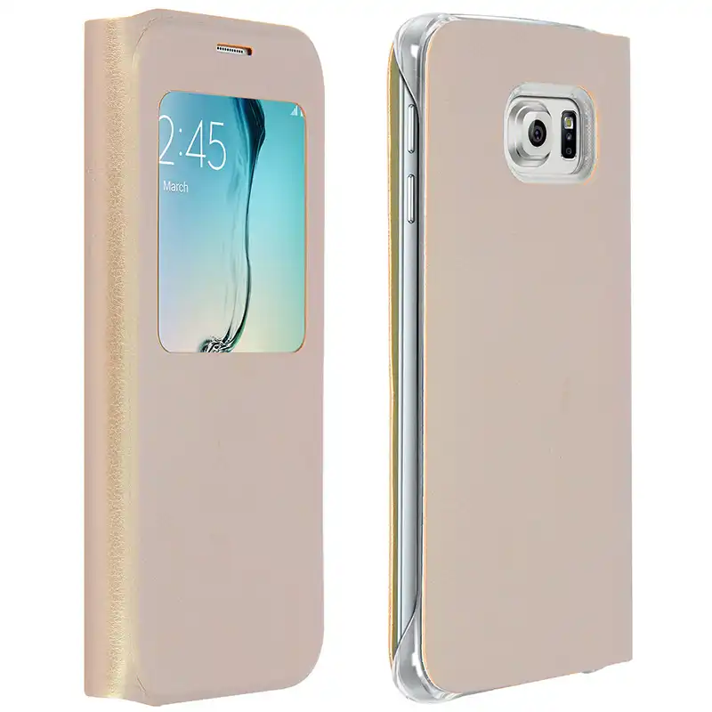 Avizar Funda Protectora Tipo Libro Dorada con Ventana delantera para Samsung Galaxy S6 Edge