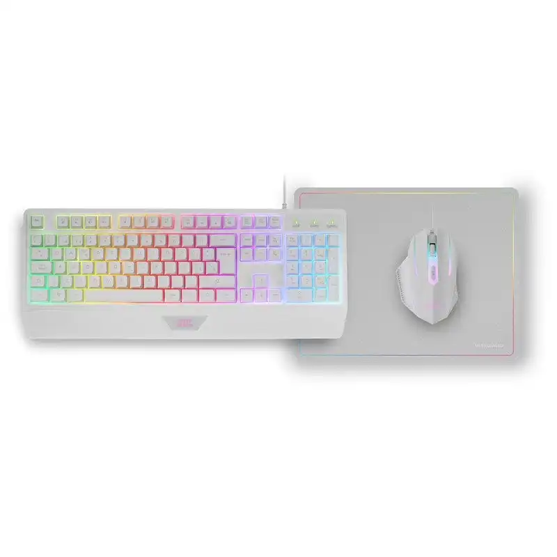 Mars Gaming MCP124 Combo 3 en1 Teclado LED RGB + Ratón RGB 3200 DPI + Alfombrilla, Español, Blanco